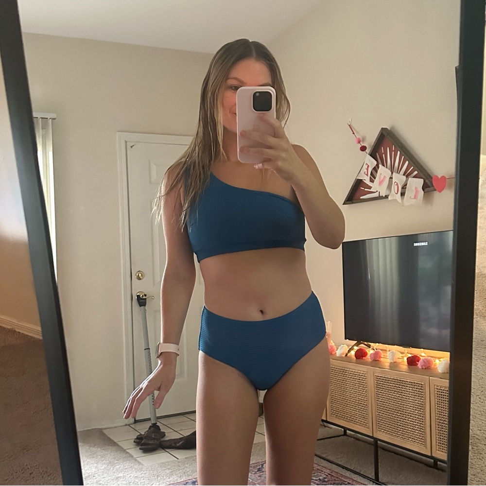 Albion Fit One Shoulder Swim Top and High Rise bottoms
